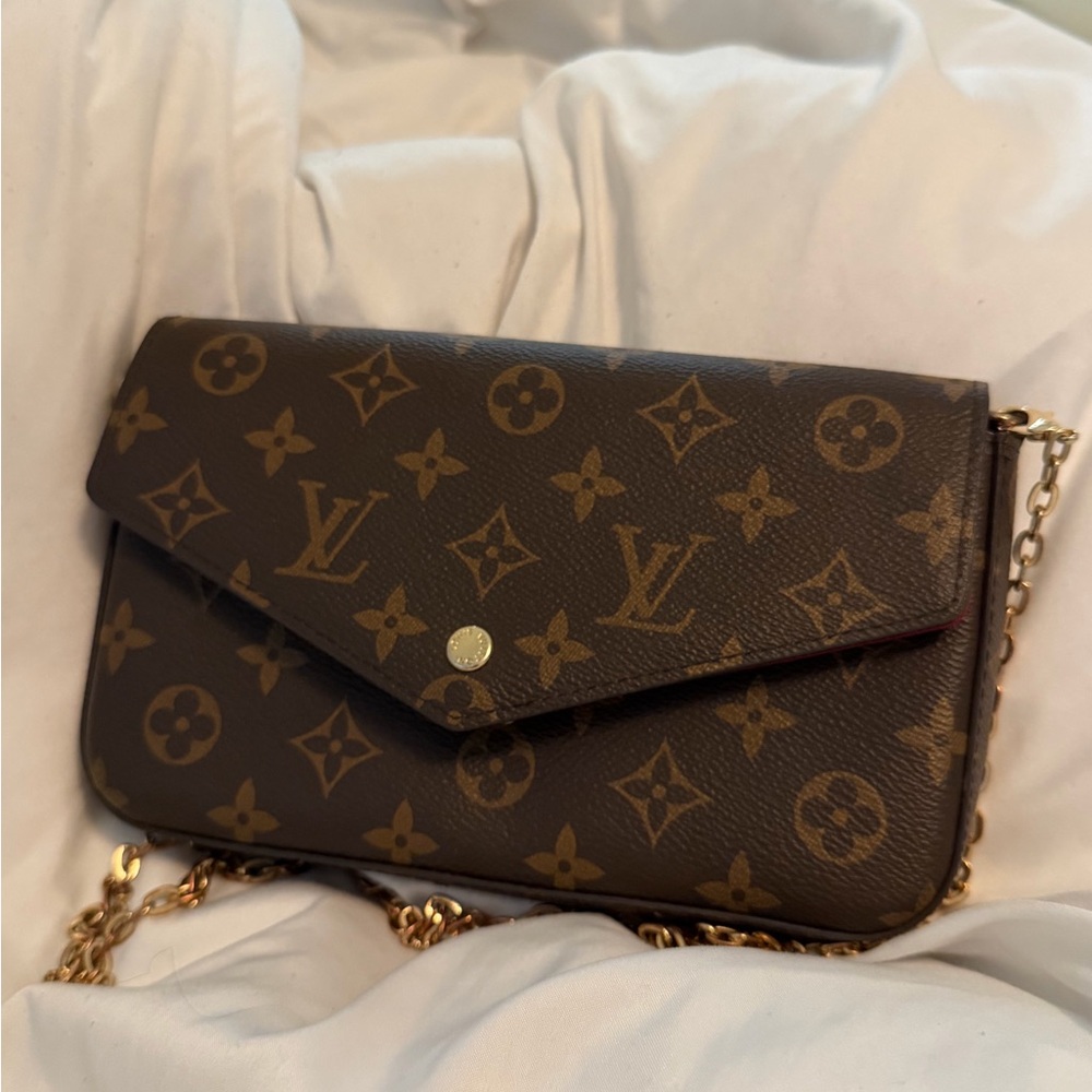 Louis Vuitton Brown Monogram Canvas Small Crossbody Wallet with Gold Chain